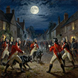 painting of 18th century battle between British redcoats fighting werewolves in village streets, midnight, full moon, gothic, oil painting, night, colors,