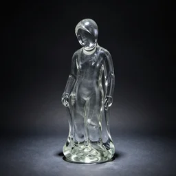 a transparent glass statue made of curves in a dark room with no light