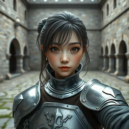 a masterpiece hyperrealistic ultradetailed fullbody photograph of a lifelike real human anime girl wearing steel plate armor, selfie, inside a castle courtyard, cute, k - pop, rough skin pores texture, desaturated, photoreal image, made by wlop, photoreal, overrendered, blender, unreal engine, extremely detailed, trending on artstation, sharp focus, 4 k