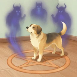 wikihow illustration of a dog summoning evil spirits with a pentagram on the floor