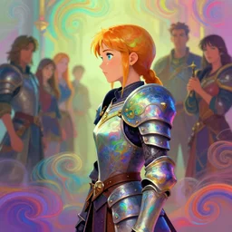 side portrait, imogen poots, paladin, gloomhaven, fantasy armor, colorful swirly ripples, gaudy colors, anime, soft, luminescent, organic matte painting, depth of field, by greg manchess, huang guangjian, greg rutkowski, jesper ejsing, magali villeneuve, artgerm, ilya kuvshinov