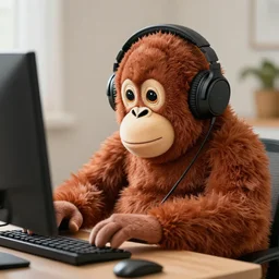 an orangutan fluffy plushwearing headphones while using a computer