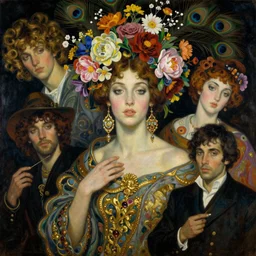 dynamic composition, a painting of a woman with hair of flowers and peacock plummage wearing ornate earrings, a surrealist painting by tom bagshaw and jacek yerga and tamara de lempicka and jesse king, featured on cgsociety, pop surrealism, surrealist, dramatic lighting, wiccan, pre - raphaelite, ornate gilded details