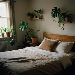 a photo of a cosy bedroom, filmic, vhs, 9 0 s footage, relaxing, houseplants