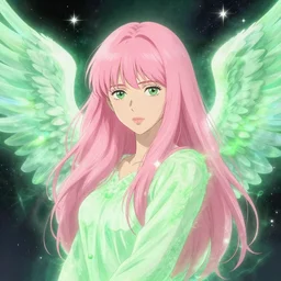 young woman, pink medium hair, outstretched feathery wings, detailed perfect face, exquisite details, green aura, mid view, design on a starry background, by studio muti, greg rutkowski makoto shinkai takashi takeuchi studio ghibli