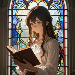 very very very very very very beautiful cute anime girl hoding book in hands, stained glass window medieval louis comfort tiffany
