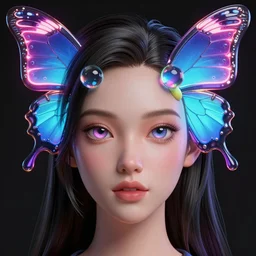 a 3 d model of an exotic beautiful woman with a neon butterfly head, fixed glass doll eyes, perfect eyes, perfect symmetrical lips, unreal engine, cinema 4 d, intricate details, 8 k, ultra realistic, super detailed, octane, ray tracing, artstation, beeple, shiny plastic viny look