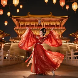 a princess wearing red hanfu dress dancing in chinese traditional palace, thousands lanterns in sky, night, fantasy, 8 k, realistic