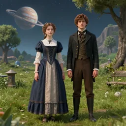 a girl and a boy standing in a park on a alien planet, wearing victorian clothes, photorealistic color raytracing