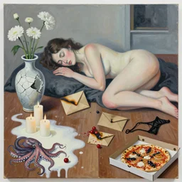 a female artist's apartment, portrait of a woman sleeping, cracked japanese pottery vase, sensual, smouldering burnt envelopes, candles, white flowers, puddle of milk, octopus, squashed berries, pizza box, pancakes, black underwear, neo - expressionism, surrealism, acrylic and spray paint and oilstick on canvas