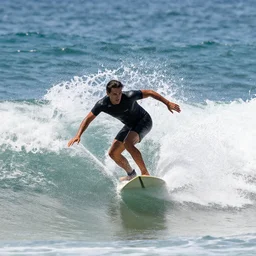 a surfer using a snowboard to surf a wave, action photo