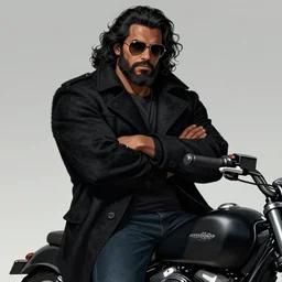 Picture of a male biker, tough, burly, dark skin, jet black tuffe coat, aviator shades, dark blue jeans, long curly hair, unkempt beard, serious look, armfold pose!, smooth, sharp focus, highly detailed, digital illustration, artstation