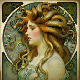 side profile portrait of Medusa by Alphonse mucha, art nouveau, oil on canvas, wisps, snakes, foliage, lush, cinematic composition, cinematic concept art, volumetric lighting, high octane render, unreal engine, high detail, realism, hyper-real