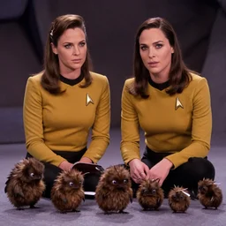 Gal Gadot and Tribbles, Tribbles and more Tribbles in a scene from Star Trek the original series