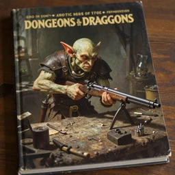 goblin artificer tinkerer working on a makeshift rifle on a dusty workbench, cover of a Dungeons and Dragons book, art by Raymond Swanland