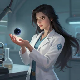 a league of legends concept art of a beautiful young female scientist in a laboratory holding at a small black hole in her hand, style by jordan grimmer and greg rutkowski, elegant, sharp focus, morandi color scheme, illustration, high quality, highly detailed, long hair, digital art, 4 k wallpaper, hyperrealism