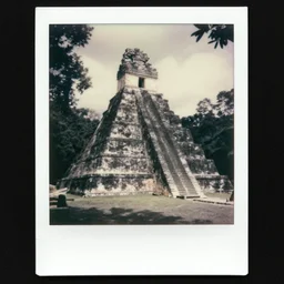 black and white old 1 9 3 0 s damaged polaroid photo of a real alien with mayans in the ruins of tikal
