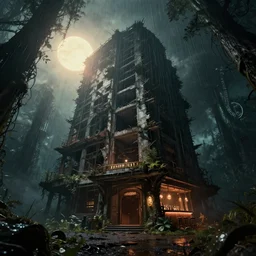 unfinished building by ilya kuvshinov, dramatic lighting fantasy myst retrowave at fall evil magic realism at night nature mercury scumm bar fisheye morning sun steampunk assassin's creed darkacademia futuristic rainforest cgsociety, archdaily, wallpaper, highly detailed, trending on artstation.