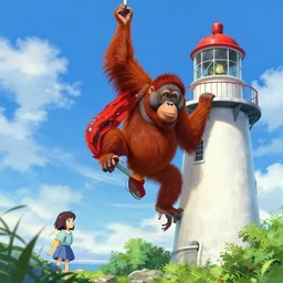 red orangutan climb over lighthouse building, render, octane, 4 k, highly detailed, vivid colors, high definition, by james gilleard and makoto shinkai