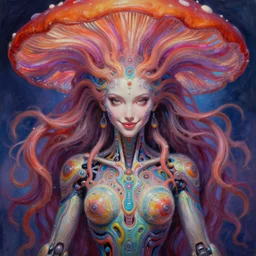 perfectly centered portrait, front view of a beautiful biomechanical fractal mushroom goddess, female, flowing hair, intense stare, sweet smile, symmetrical, concept art, intricate detail, volumetric shadows and lighting, psychedelic colors, vibrant, realistic oil painting by tim hildebrandt,