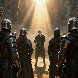 cinematic artwork of medieval warriors watching dave gahan from depeche mode singing by greg rutowski, 4 k, sun rays, masterpiece