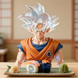 goku translucent clear hair dressed up as a sushi