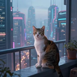 photograph of a cat sitting on a balcony overlooking a futuristic cyberpunk city by lilia alvarado