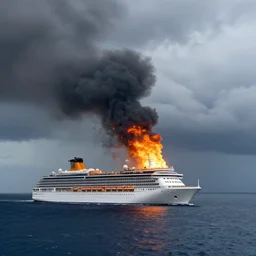 cruise ship on fire in the middle of the ocean, with stormy clouds looming in background. scenic, far shot, gorgeous, 4 k