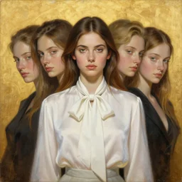 epic painting portrait photography beautiful goddess wearing white bow - tie neck silk blouse with golden glow background, drawing, intricate, symmetrical front, by amy leibowitz, jeremy lipkin, beeple, intricate, artgerm, ilya kuvshinov, centered