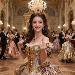 masterpiece hyper detailed portrait charming and miracle of gorgeous girl at a royal dance. in the background is a large, luxurious royal hall with many people dancing. art by artgerm, greg rutkowski, sasoura, satchely. by bastien - lepage. andrei riabovitchev, yoshitaka amano. background by james jean