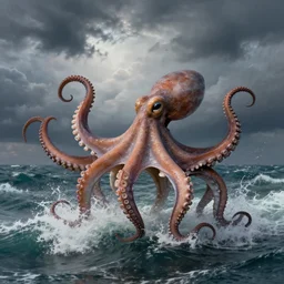 giant octopus with huge tentacles dancing on the waves of a stormy ocean under a dramatic sky, by jmw turner