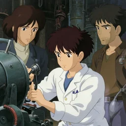 a film still of a 1 9 6 0's anime style of a scientist operating a giant machine, finely detailed features, closeup at the faces, perfect art, at an ancient city, gapmoe yandere grimdark, trending on pixiv fanbox, painted by greg rutkowski makoto shinkai takashi takeuchi studio ghibli, akihiko yoshida,