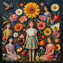 mixed media, a brutalist designed, vivid colours, cryptic, flowers, fruits, girls, insects, mystical, pop surrealism by james jean, roby dwi antono, ross tran, steven kenny, paul neberra, ashley wood, atmospheric, trending on artstation. 8 k masterpiece