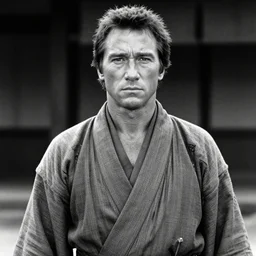 clint eastwood as a ronin samurai, in robes, in the movie seven samurai ( 1 9 5 4 ). grainy movie still, high detail, black and white