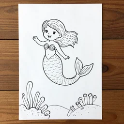 Drawing for kids of a mermaid in the sea, line Art