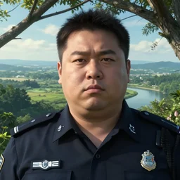 an ultra realistic, cinematic, headshot portrait, of a fat policeman, branches, facial features, background of a vast serene landscape, with trees and rivers, detailed, deep focus, movie still, dramatic lighting, ray tracing, by michal karcz and yoshitaka amano