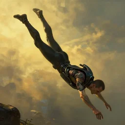 cyberpunk man diving in epic pose, long shot, atmospheric lighting, painted, intricate, golden hour, ultra detailed by peter gric, giger, enki bilal