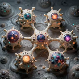 quantum connections represented as symbiotic organisms like cells playing around with colorful lights by ernst haeckel, squishy