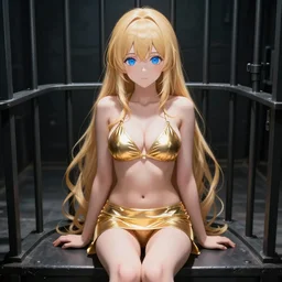 a very beautiful young anime girl sitting in a dark prison cell, full body, long wavy blond hair, sky blue eyes, full round face,, shiny golden bikini, miniskirt, front shot, sitting in a dark prison cell, highly detailed, cinematic wallpaper by stanley artgerm lau