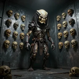 creepy cinematic low angle shot of a realistically rendered metal room and a wall of skulls, matte painting, illustration, dramatic lighting, moody lighting, dark colors, golden ratio, rule of thirds, environmental design, cinematic perspective, 8 k, realistic lighting, realistic shading, octane render, predator 2, in the style of lawrence g paull set design