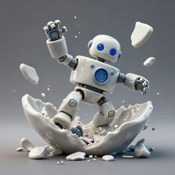 dissection of crazy ceramic exploding miniature toy Figure Robot scientist falling apart 8K, zbrush, c4d, in a Studio hollow, surrounded by flying parts, from avengers, explosion drawing