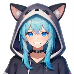 tags : 1 girl, virtual youtuber, hood, animal hood, multicolored hair, solo, blue eyes, sharp teeth, teeth, white background | characters : gawr gura | explicitness : safe
