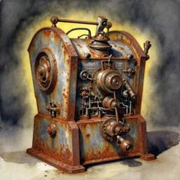 watercolor chromed rusted dented crypt machine by richard corben, boris vallejo, bernie wrightson, ian miller, boris vallejo, fine art masterpiece baked at 3 0 0 f, matte painting, backlit dystopian lighting, photorealistic render, cinematic,
