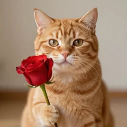 a ginger cat holding a rose in hand