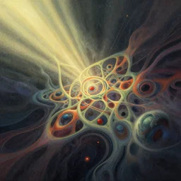 editorial illustration by karolis strautniekas and mads berg, sacred geometry melting, cells, nebulous, colorful, fine texture, detailed, muted colors, film noir, dramatic lighting, dynamic composition, vivid, matte print, wide angle, ( ( sunbeams ) ), moody, extreme perspective