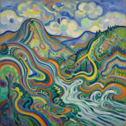 Landscape painting. Wild energy patterns rippling in all directions. Curves, zig-zags. Organic. Mountains. Clouds. Vegetation. Rushing water. Waves. LSD. Fauvism.