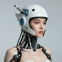 A beautiful woman wearing a cybernetic helmet with many wires plugged into it and her body, by Moebius and Beeple