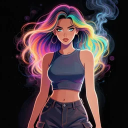 a award winning half body portrait of a beautiful woman with stunning eyes in a croptop and cargo pants with hair like rainbow colored smoke, outlined by whirling illuminated neon lines, outrun, vaporware, shaded flat illustration, digital art, trending on artstation, highly detailed, fine detail, intricate