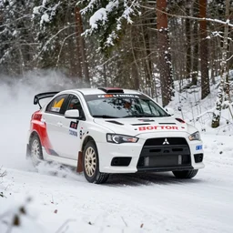 a 2 0 0 8 mitsubishi lancer evolution x gsr, racing through a rally stage in a snowy forest