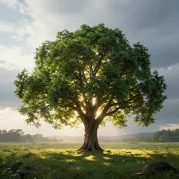 a serene landscape with a powerful ( ( tree ) ) of life in the middle, volumetric illumination, octane render, cinematic lightning, 8 k